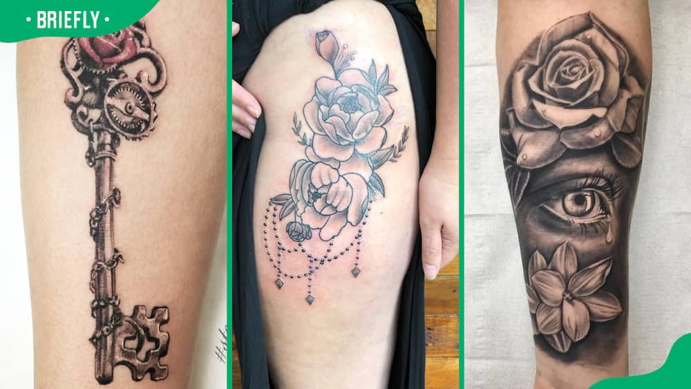 Key and flower (L), thigh (C), and rose with eye flower tattoos (R)