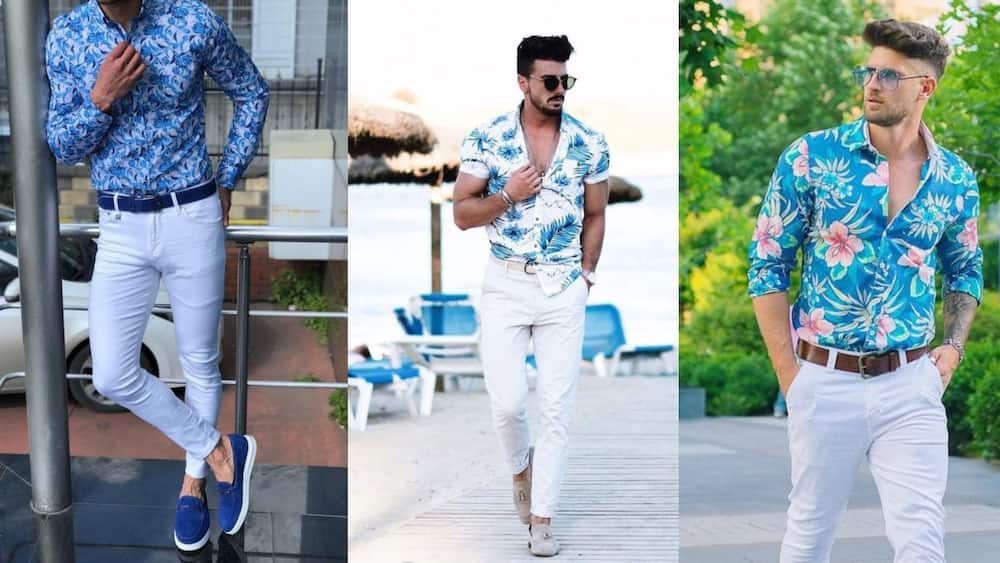 Blue floral shirt and white pants