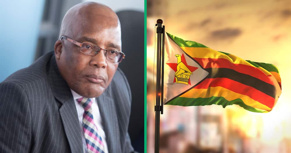 Collage image of Home Affairs Minister Aaron Mostoaledi and a Zimbabwean flag