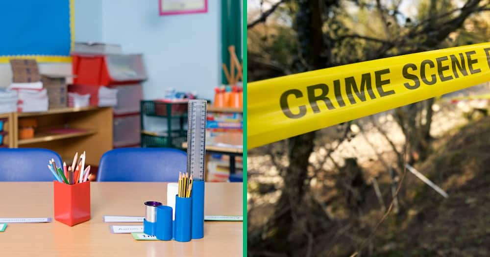 Collage image of an empty classroom and police crime scene tape