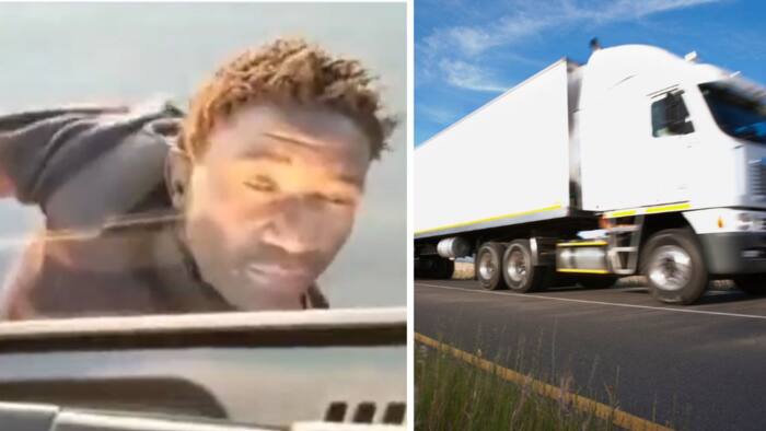 Mzansi reacts to hijacker filmed hanging onto side of truck on SA roads