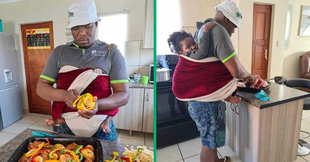 A South African man cooking with his daughter on his back wowed online users.
