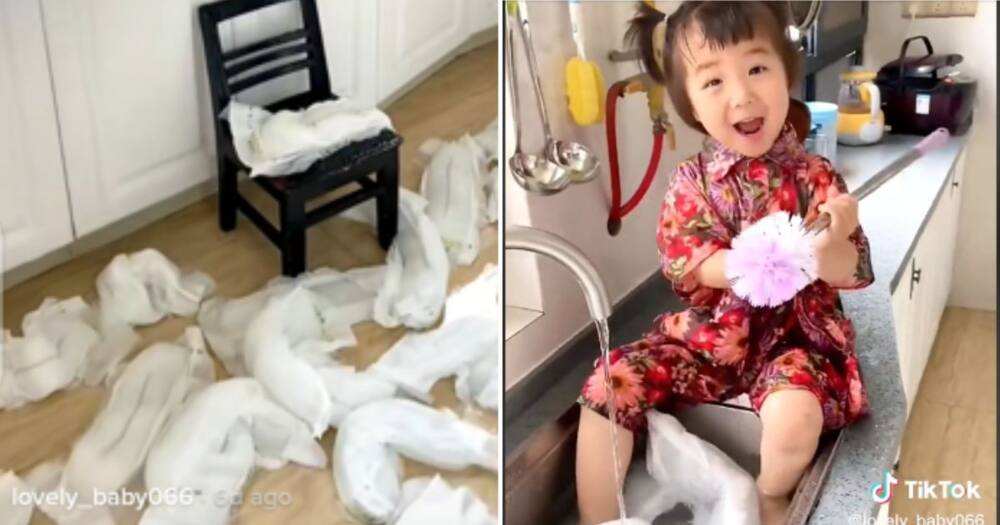 Netizens laugh at toddler washing disposable diapers