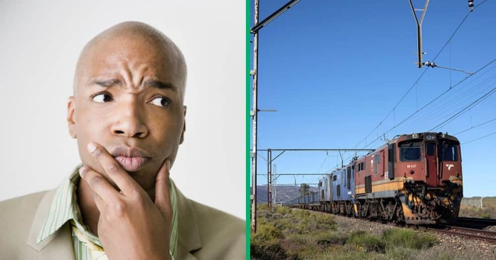 Stock photo of a confused man and a Transnet train