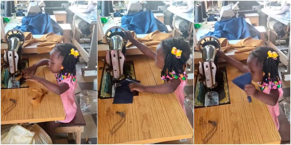 Little Nigerian girl displays tailoring skills as she operates machine like a pro in cute video, many hail her
