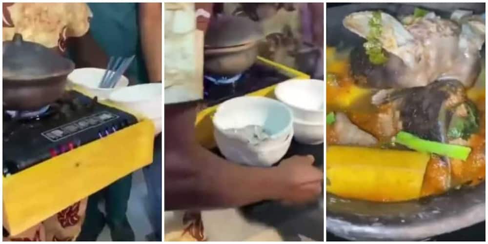 Nigerians react to video of guests being served food from hot stove and calabash at an occasion