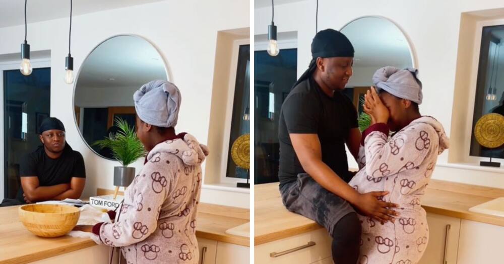 Pregnant woman trends for emotional moment with husband.