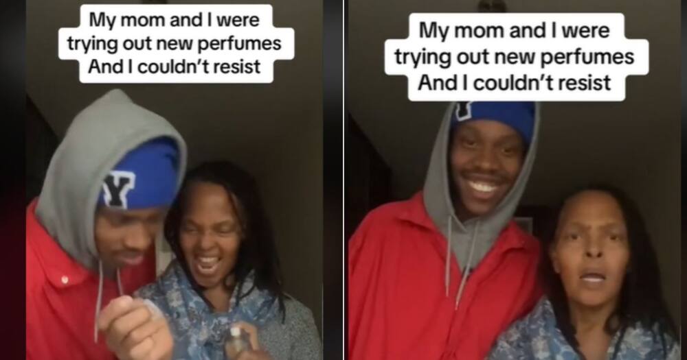 Man and his mom try new perfumes as he teases her