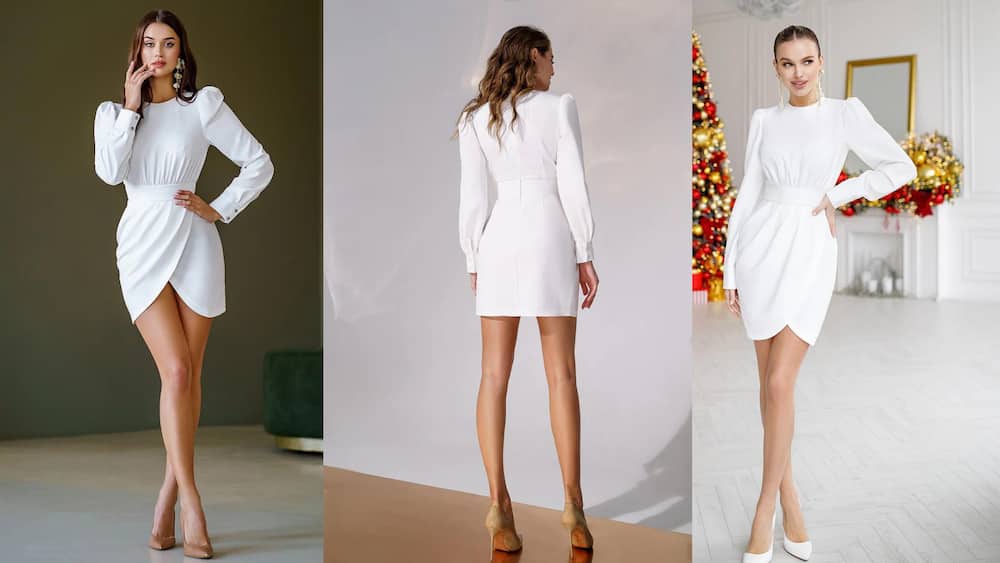 White mini with wrap skirt detail and long sleeves