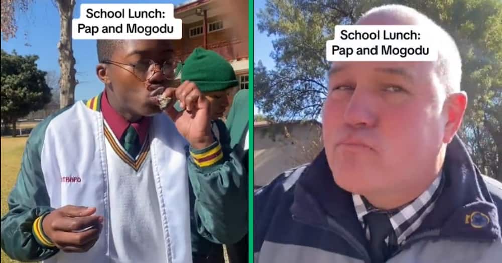 Learners and teacher eat pap and mogudu together