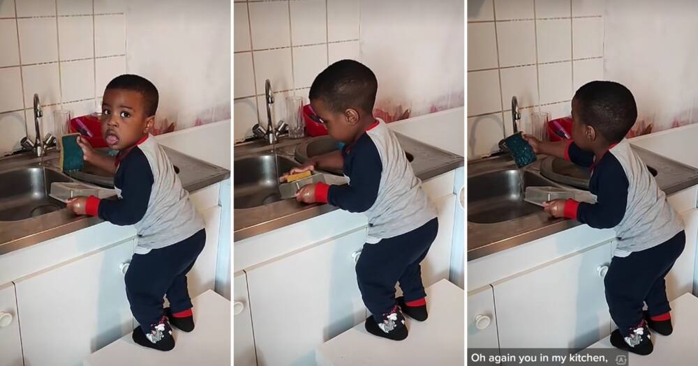 Helpful toddler washing dishes