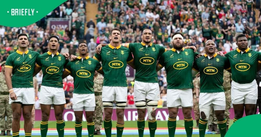 The Springboks singing the national anthem before facing Wales.