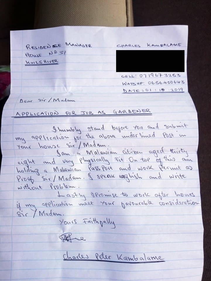 Gardener handwrites letter asking for job, Mzansi shows up to help him