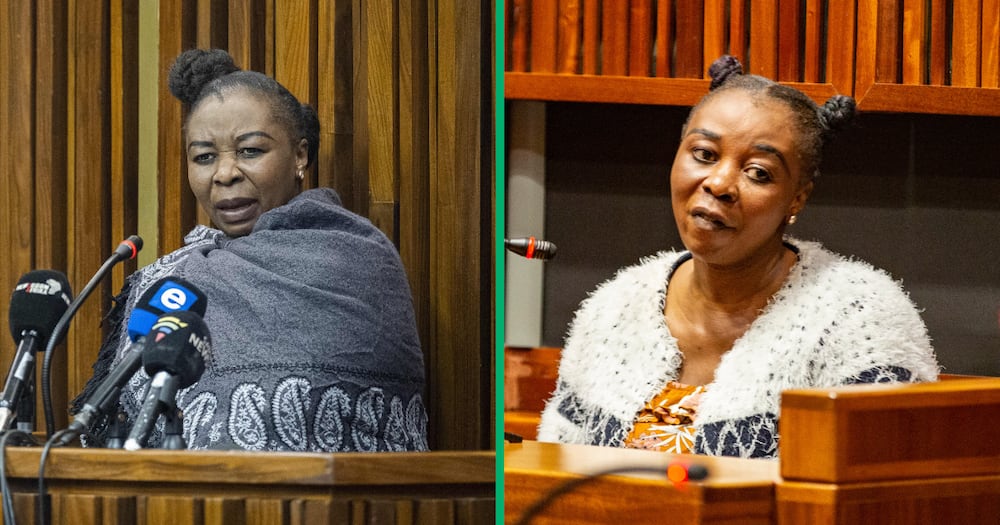 Nomia Rosemary Ndlovu reacts at the South Gauteng high Court in Johannesburg on September 27, 2021. - The chilling trial of a policewoman accused of murdering five relatives and a boyfriend to cash in on insurance claims