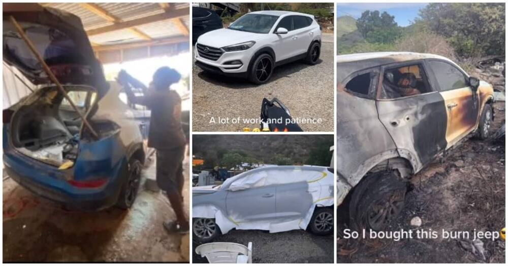 Car refurbishing, man refurbishes burnt jeep, man converts burnt jeep, white car, car conversion