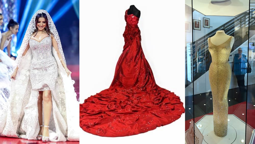 Hany El Behairy's gown, The Nightingale of Kuala Lumpur, Marilyn Monroe's dress (left to right).