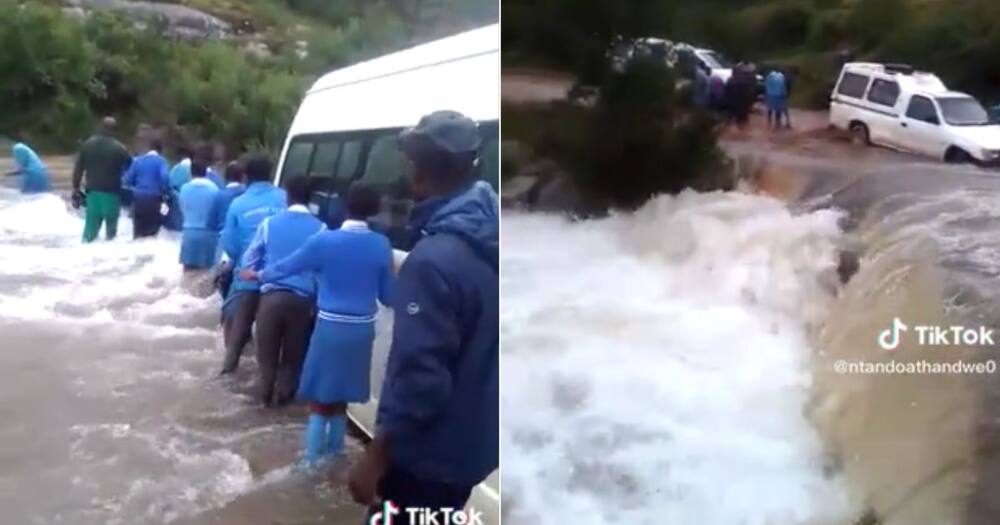 South African children trying to make their way to school by crossing dam