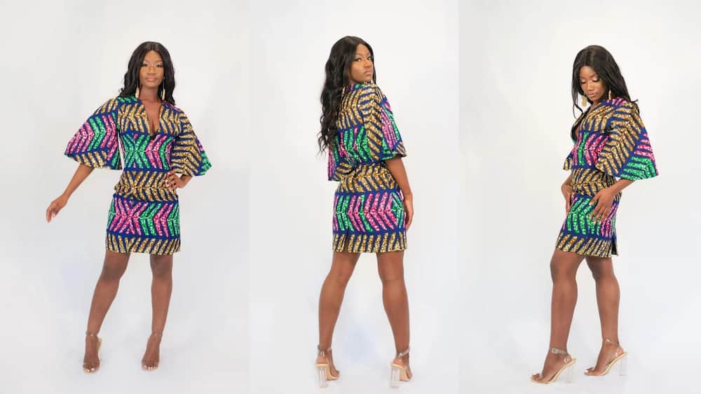 Short Ankara gown with deep V-neckline and puffy sleeves