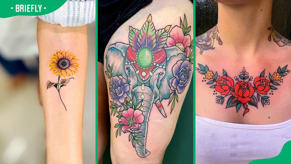 Sunflower (L), elephant and flower (C), and chest flower tattoos (R)