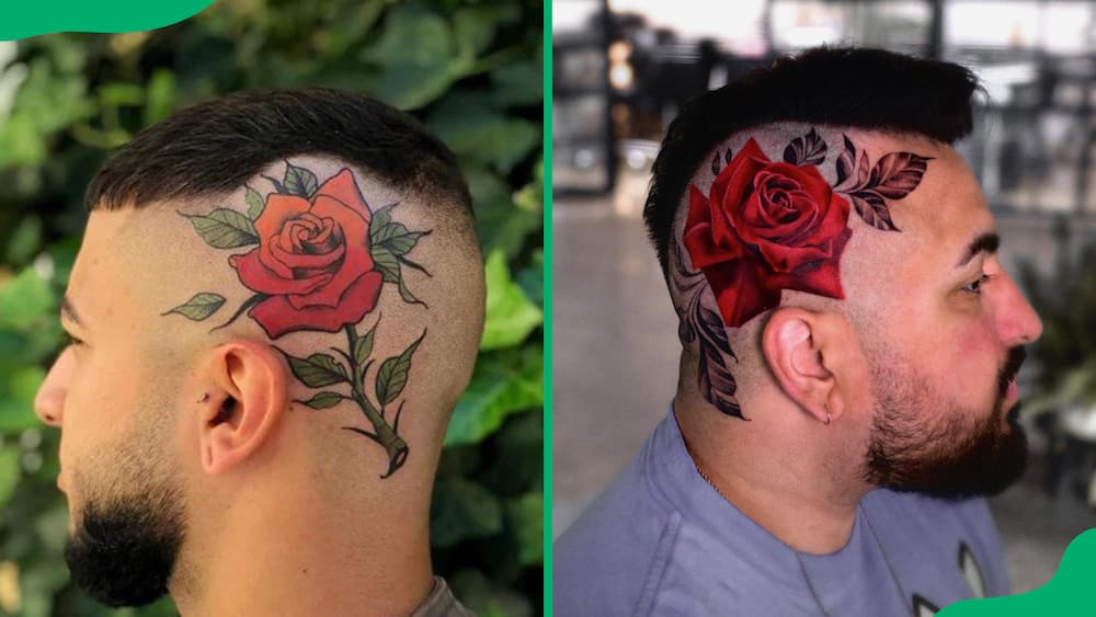 Red rose tattoo on the head