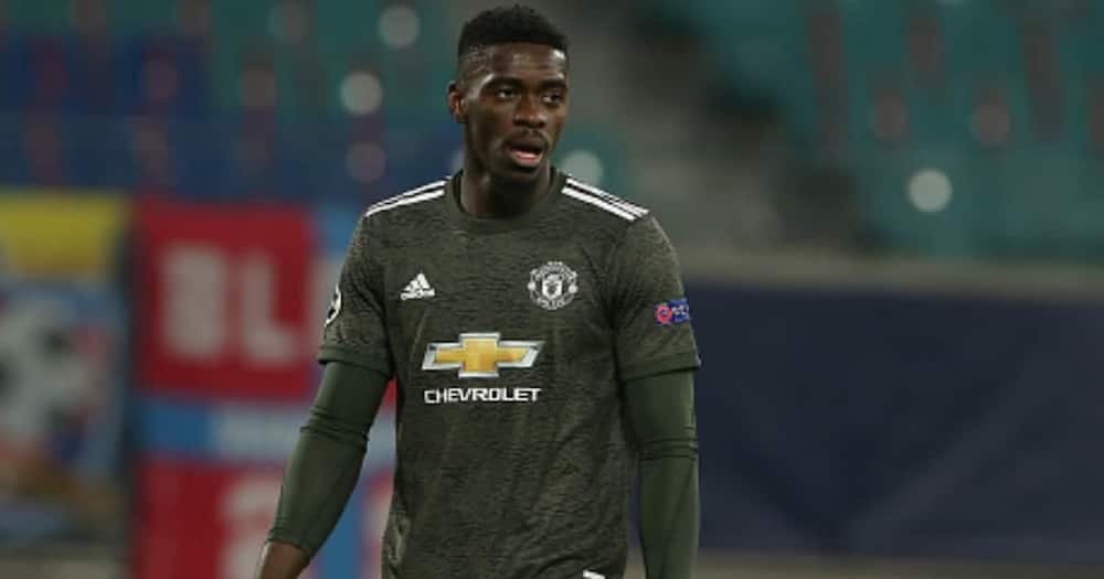 Axel Tuanzebe shows his disappointment after the UEFA Champions League Group H stage match between RB Leipzig and Man United at Red Bull Arena on December 08, 2020 in Leipzig. (Photo by Matthew Peters/Manchester United via Getty Images)