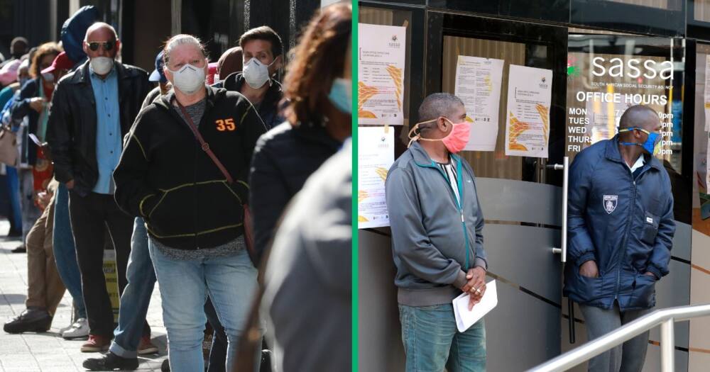 People with face masks seen at a South African Social Security Agency (SASSA) building