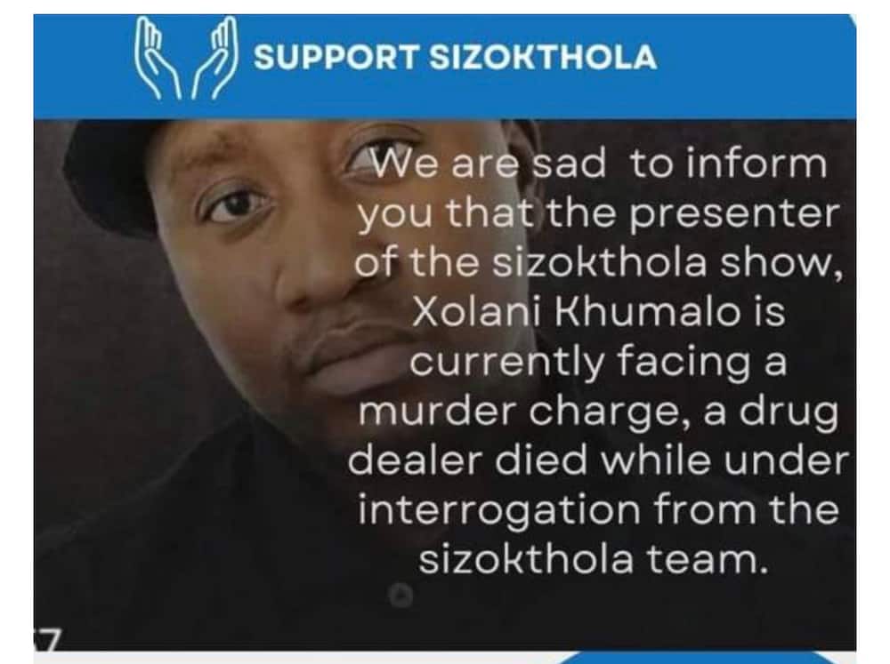 Poster 1 of the 'Sizokthola' fundraising scam alert issued by Moja Love. The scammer asked for R2M in legal fees for host Xolani Khumalo.