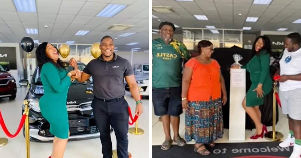 Young woman celebrates buying her car