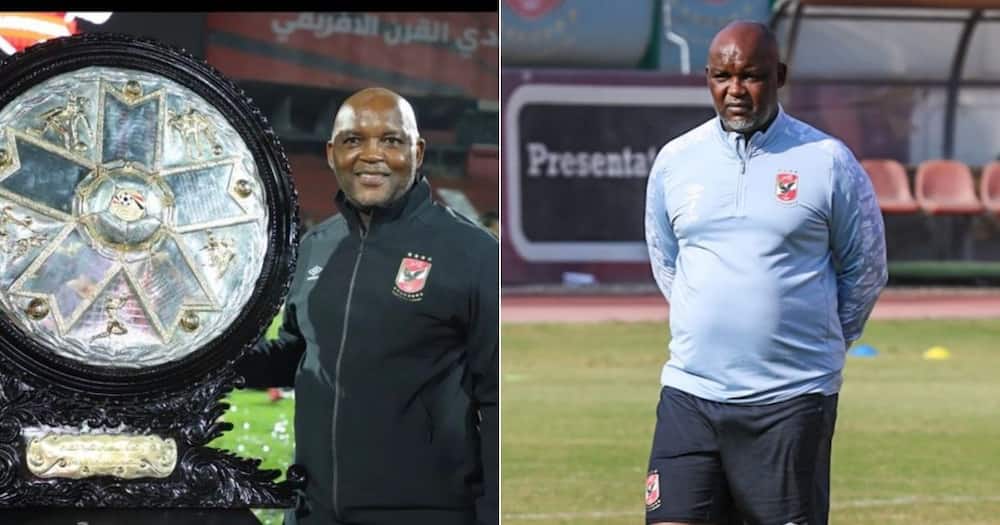 Al Ahly coach Pitso Msosimane says he is content with reaching CAF Champions League Last Eight. Image: Twitter