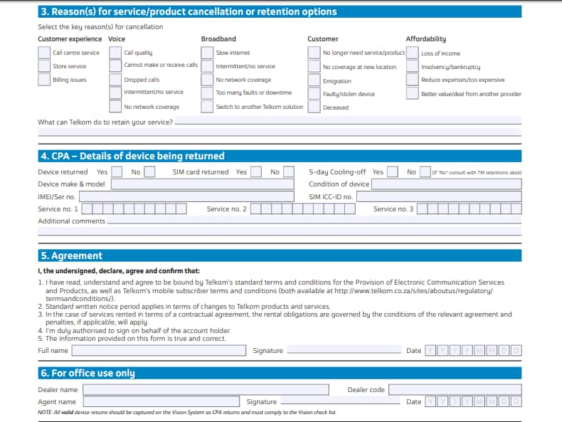 Telkom cancellation form sample