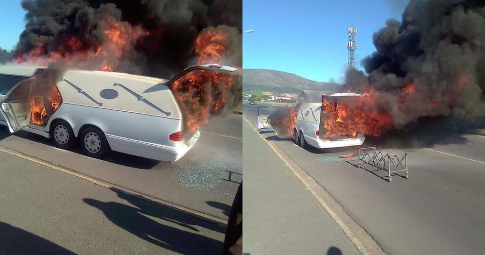 Hearse carrying coffin bursts into flames en-route to funeral viewing