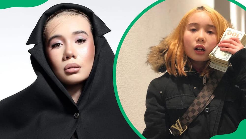 Lil Tay in a black outfit (L). The musician during a music video (R)