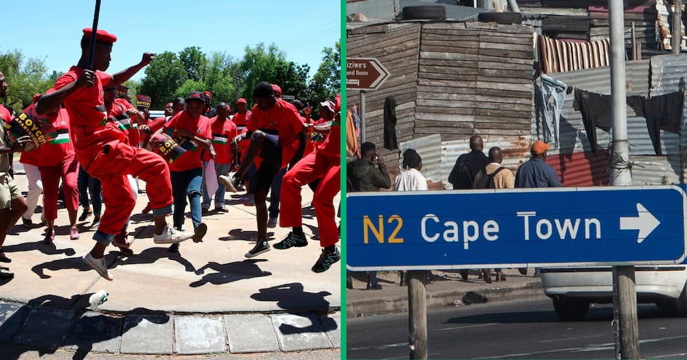 Collage image of EFF protestors and a Cape Town road sign