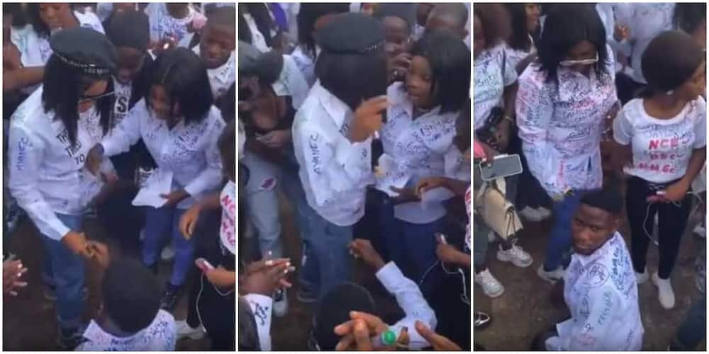 Reactions as fresh graduate collects ring and throws it away as she rejects boyfriend's proposal
