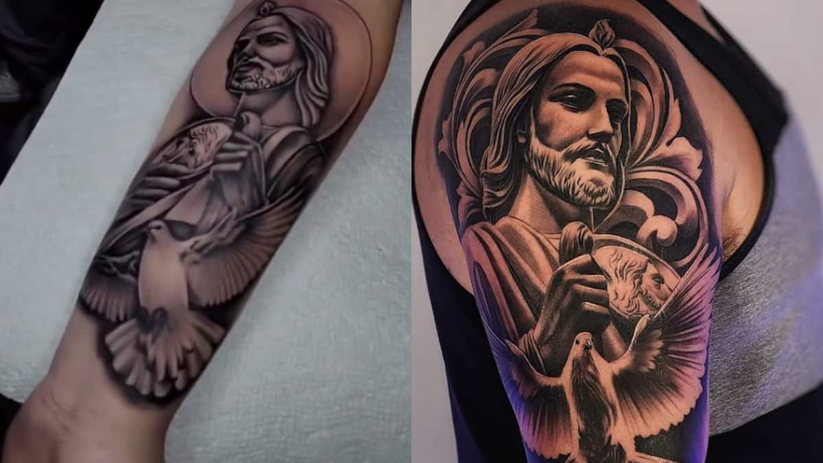 Mary & Dove upper arm religious piece! 🕊✝️ ⚡️ • • • @jg_outdoor_adventures  #religous #tattoo #ink #realistic #realism #r... | Instagram