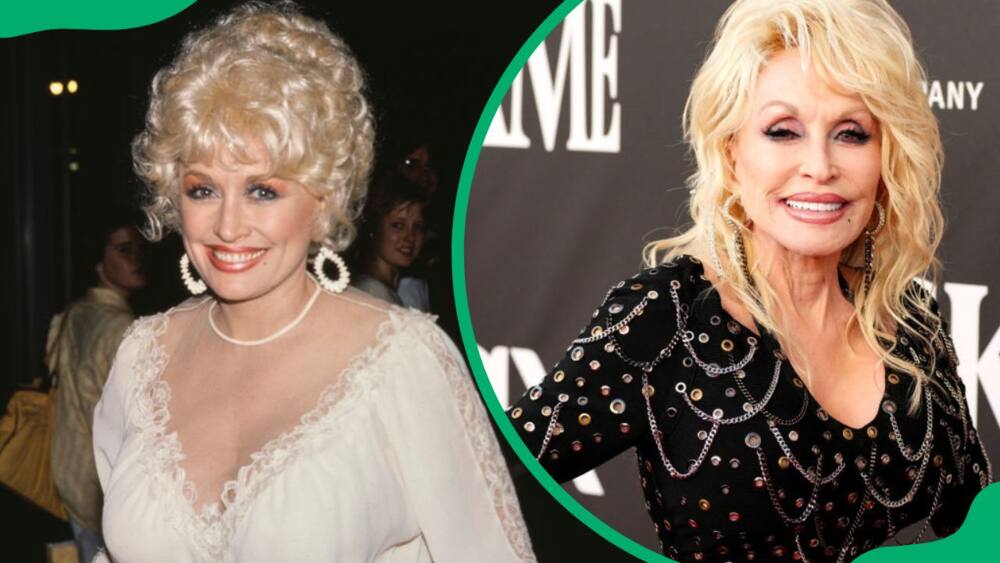 Dolly Parton wearing a white outfit (L). The actress attending the 37th Annual Rock & Roll Hall Of Fame Induction Ceremony (R)