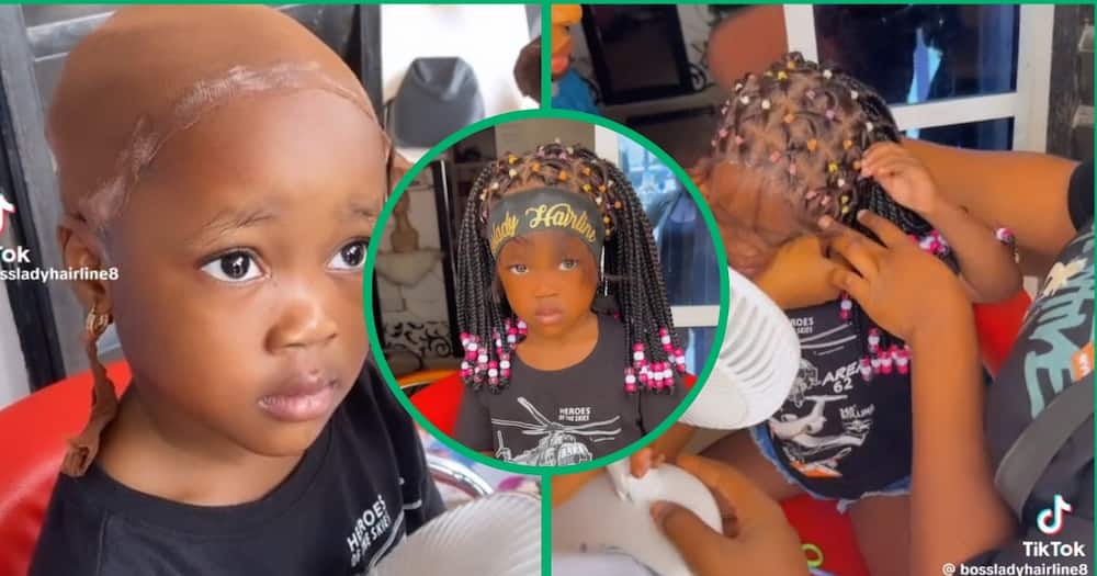 Hairstylists installed a braided lace wig on a young girl