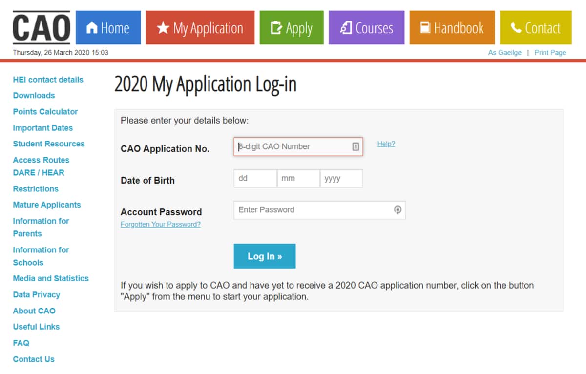 CAO online application 2020 process, dates and requirements