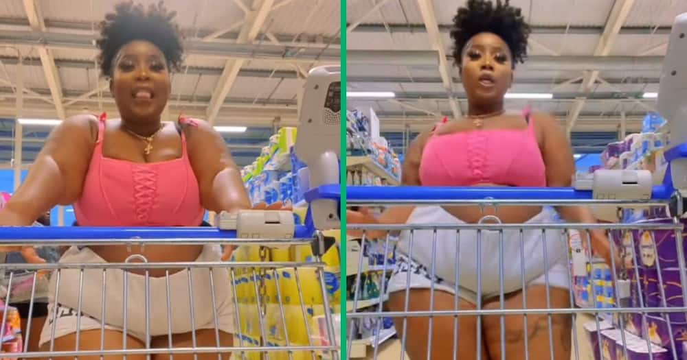 Curvy woman dancing in a grocery store