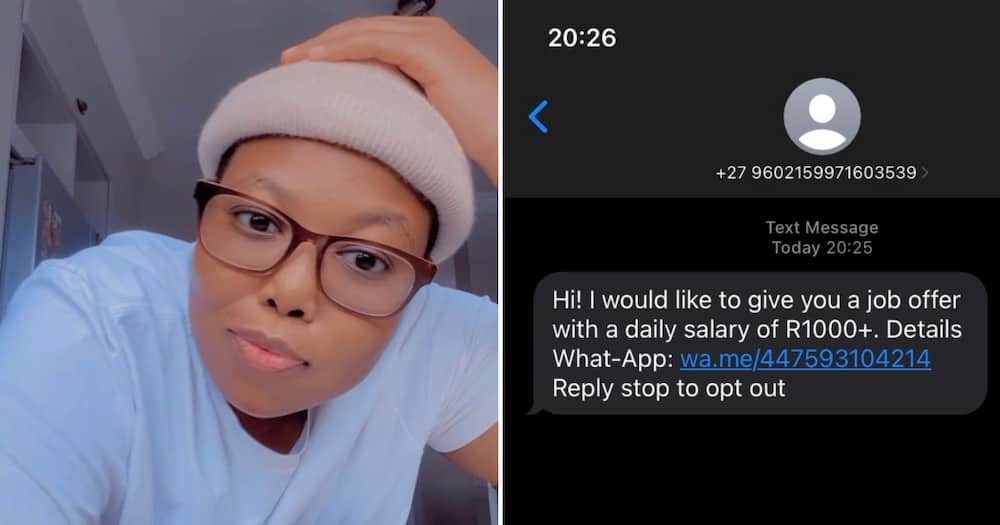 A lady got an SMS saying she could get a job where she earned R1 000 a day.