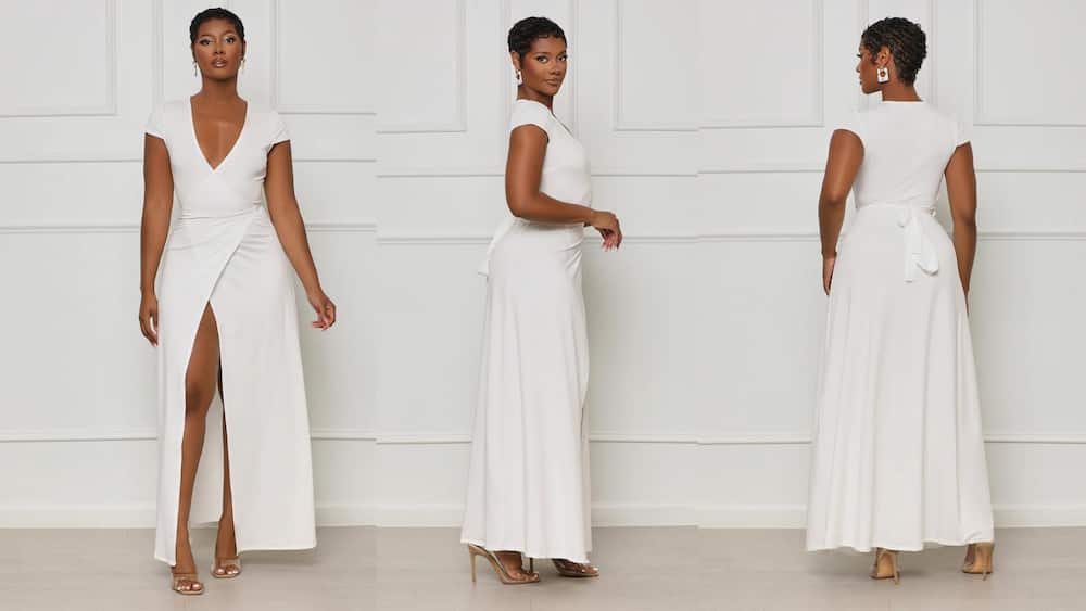 Elegant maxi wrap gown with a plunging V-neckline