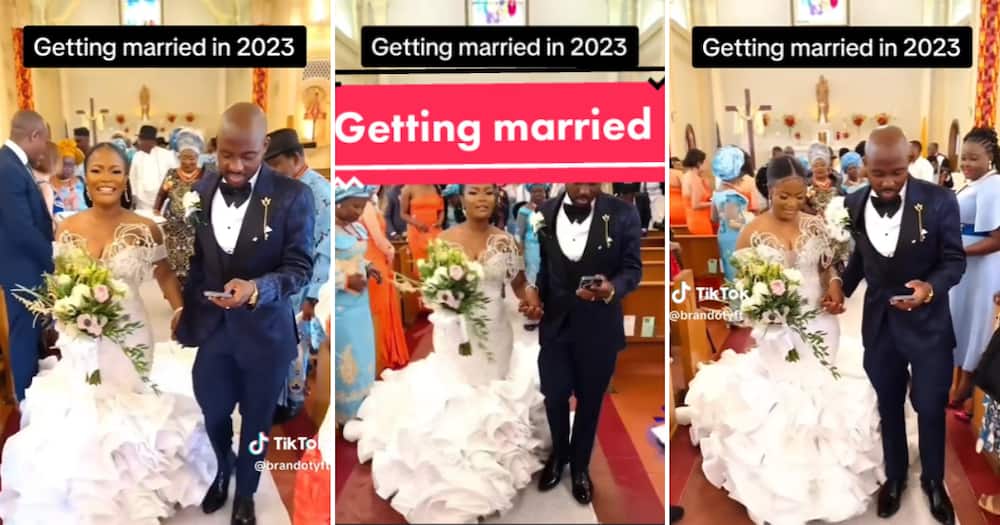 TikTok user @brandotyft shared the footage showing the man paying his beautiful bride no attention