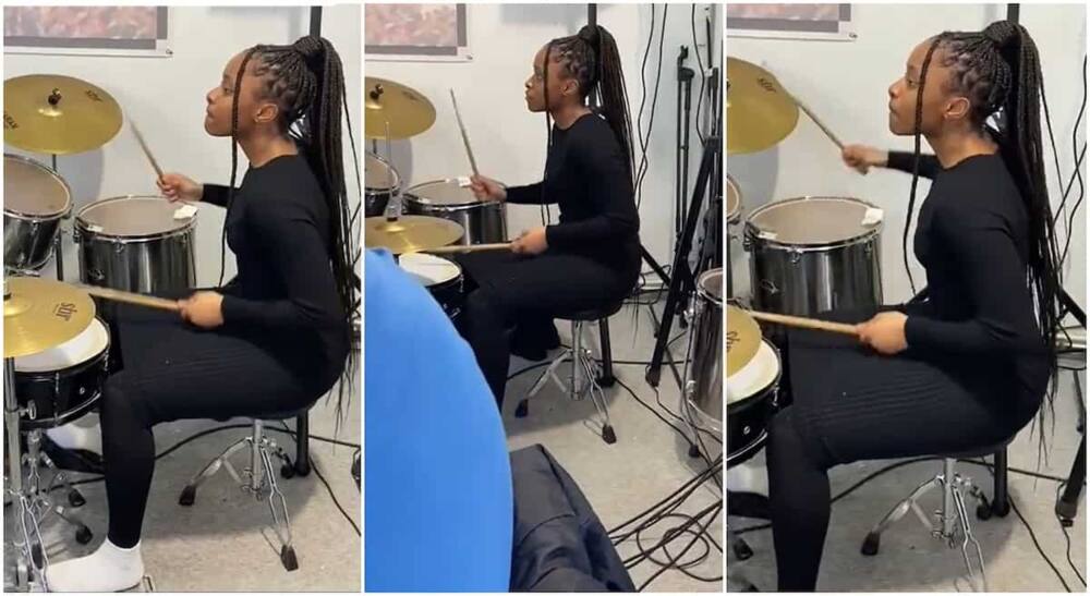 Photos of a young girl playing drums in the church.