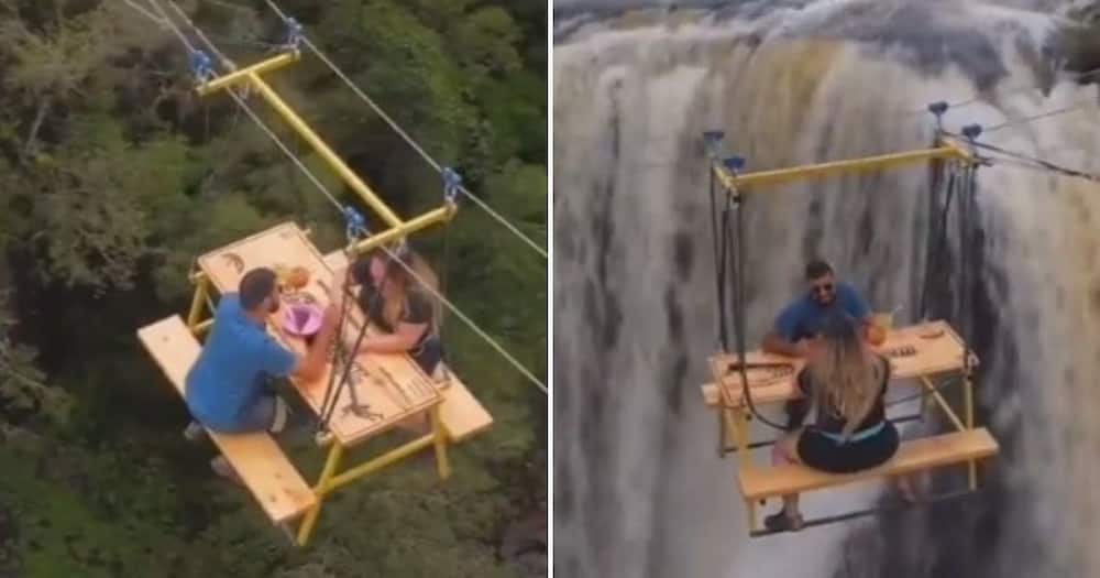Couple, date, picnic, waterfall, suspended over waterfall, risky picnic, daring date, viral video, trending news