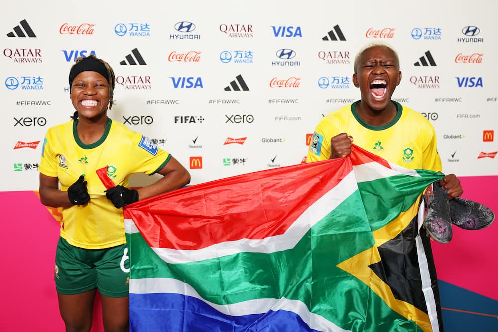 Sibulele and Noxolo celebrate after SA advanced to the knockouts during the FIFA WWC Australia & New Zealand 2023 Group G match between SA and Italy at Wellington Regional Stadium on 2nd August 2023.
