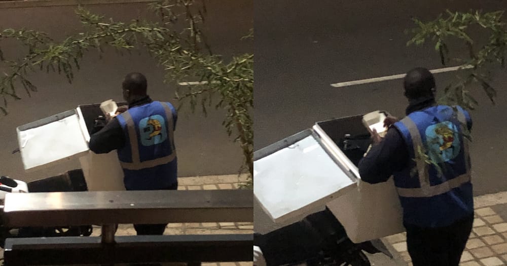 Mzansi eyebrows raised as local food delivery guy sneaks a hungry bite