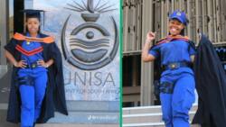 SAPS officer rocking Unisa graduation gown with police uniform in TikTok video earns Mzansi's praise