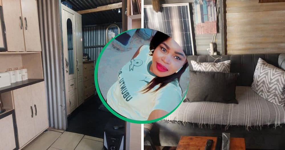 Young woman shows off her fully furnished mkhukhu.