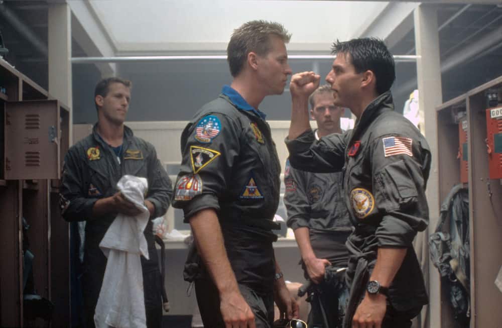 Actors Val Kilmer and Tom Cruise on the set of Top Gun (1986).