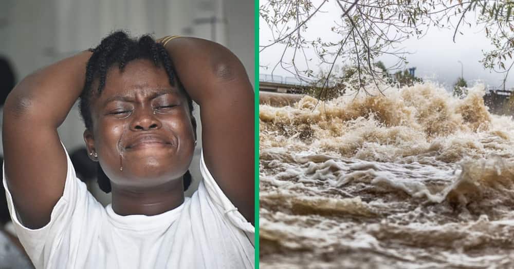 Stock photos of a crying woman and a flash flood